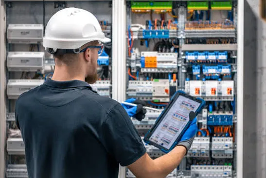Técnico realizando diagnóstico con tablet en planta industrial